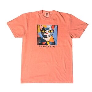 Comfort Colors Abstract Cat Graphic T-Shirt Medium Vintage Washed Orange